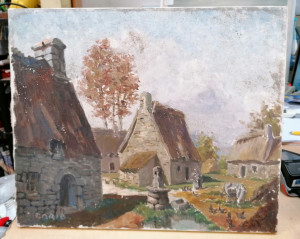 Huile sur toile de chaumières signée CARIO