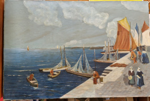Peinture d'avant-guerre de port de pêche breton