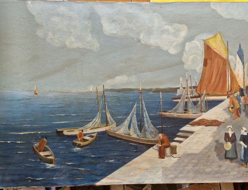Peinture d’avant-guerre de port de pêche breton