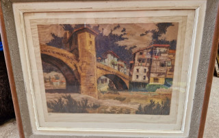 Aquatinte numerotée de village avec pont