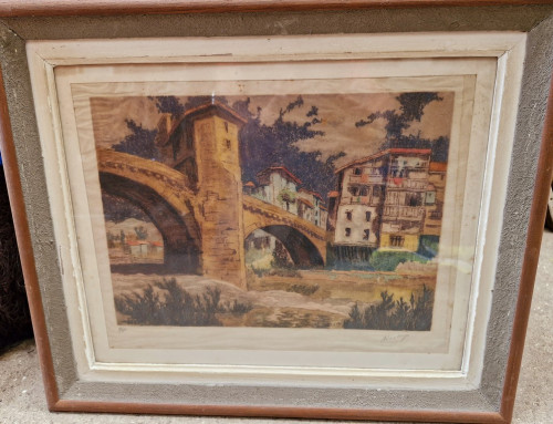 Aquatinte numerotée de village avec pont