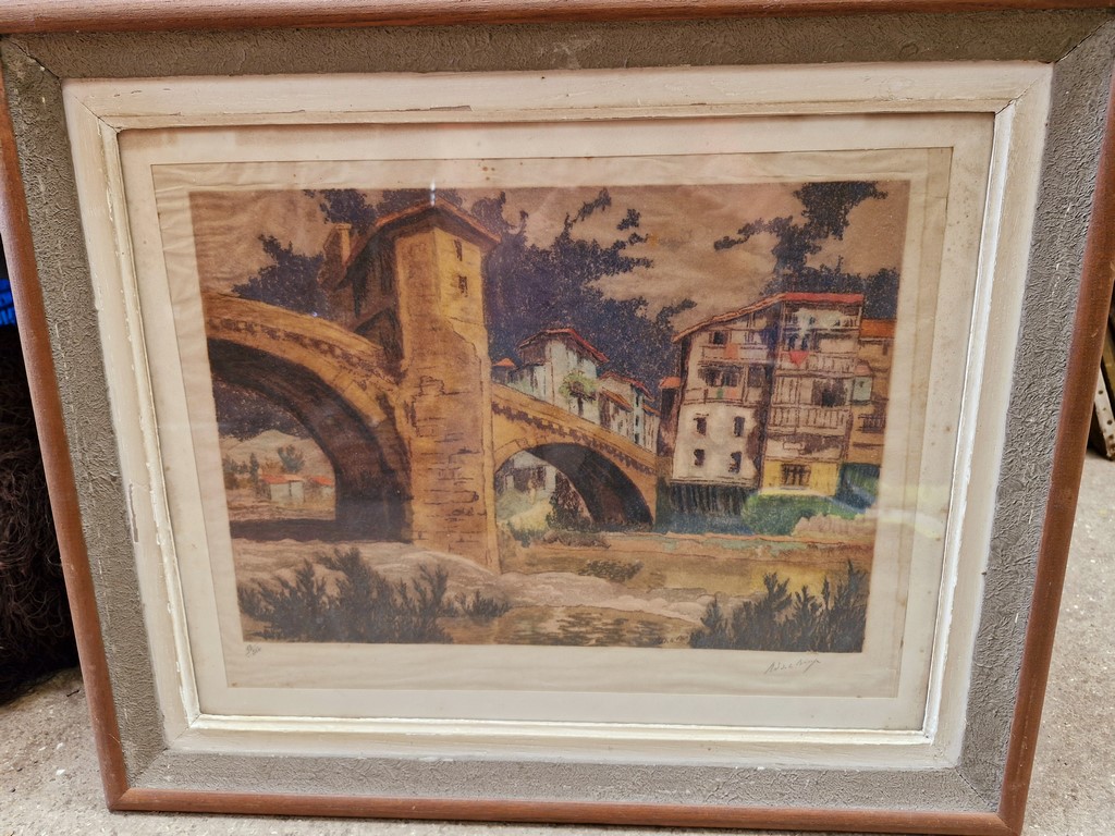 Aquatinte numerotée de village avec pont