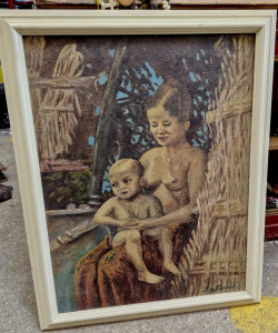 Peinture de femme et son enfants (Indochine) signé J. de Surmont