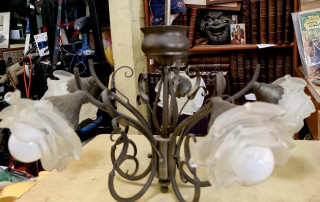 Lustre étain 5 branches abat-Jours en pâte de verre